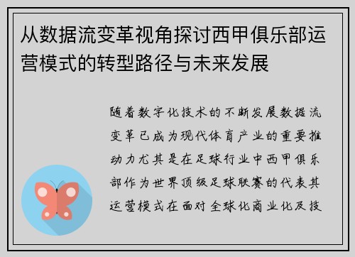 从数据流变革视角探讨西甲俱乐部运营模式的转型路径与未来发展