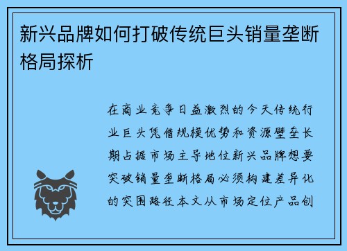 新兴品牌如何打破传统巨头销量垄断格局探析