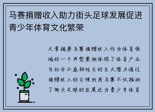 马赛捐赠收入助力街头足球发展促进青少年体育文化繁荣